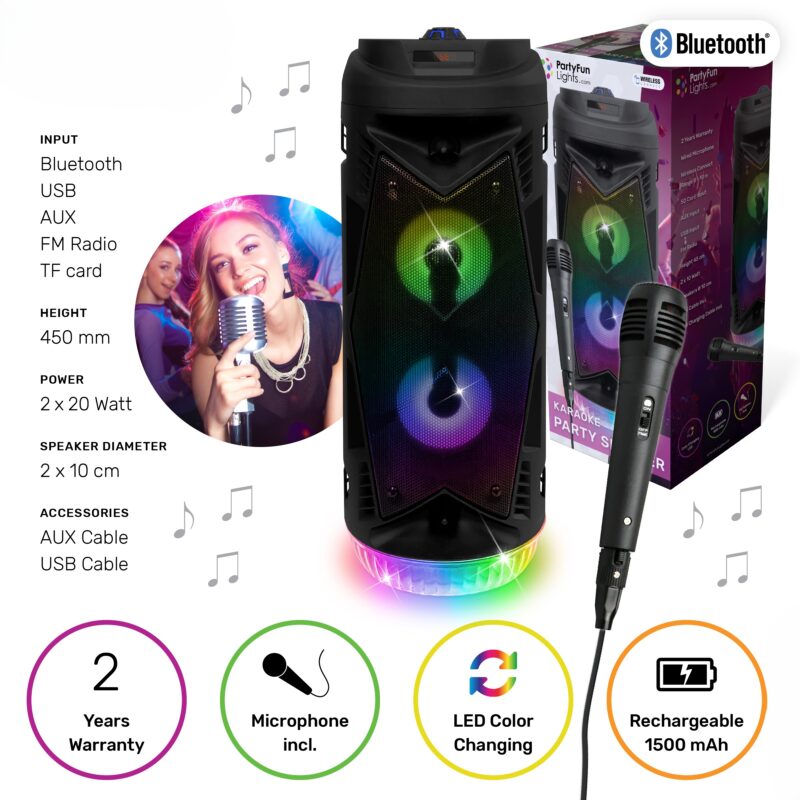 ALTOPARLANTI WIRELESS per Karaoke, con microfono, Potenza 2×20 Watt, Effetti Led, 18x45cm…x6