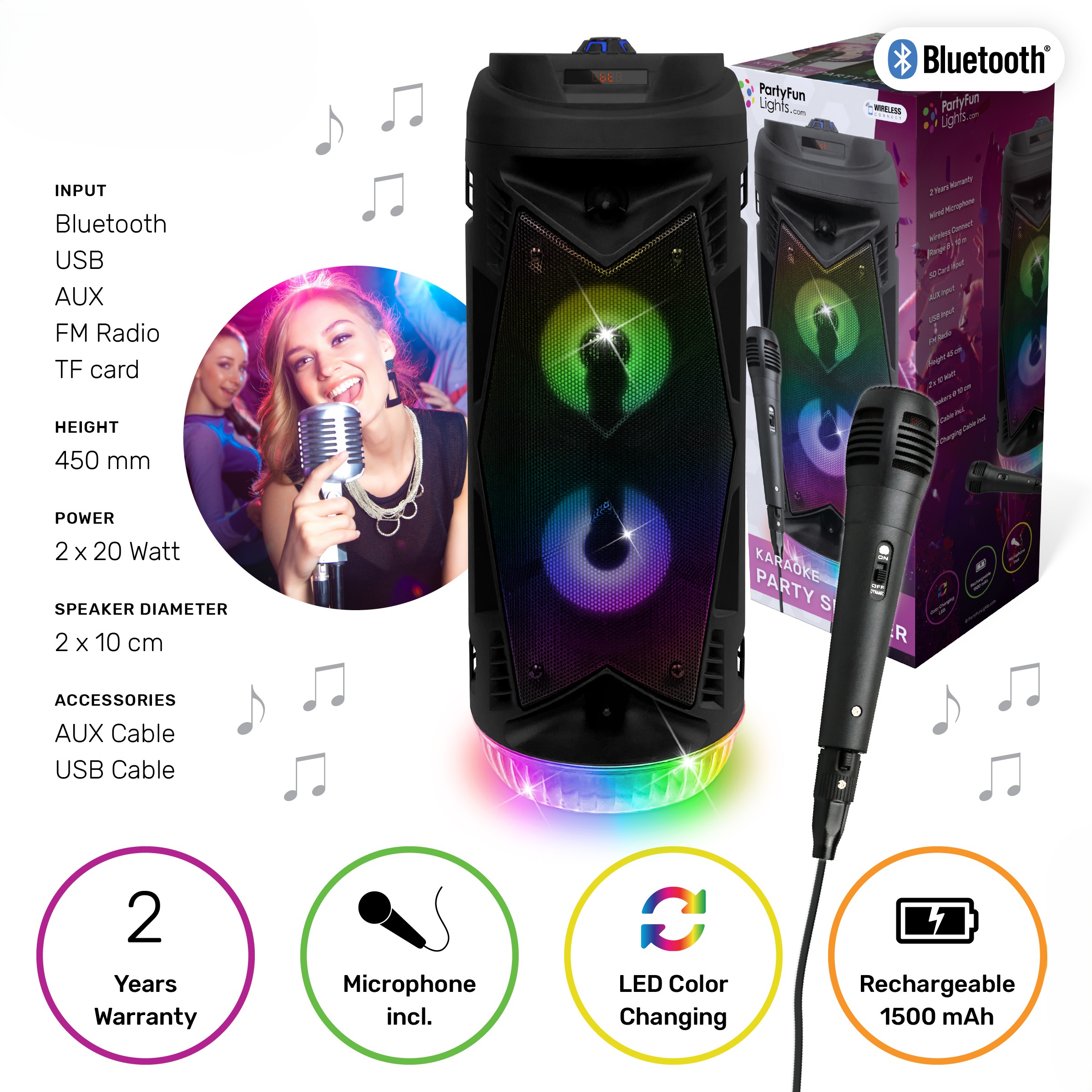 ALTOPARLANTI WIRELESS per Karaoke, con microfono, Potenza 2×20 Watt, Effetti Led, 18x45cm…x6