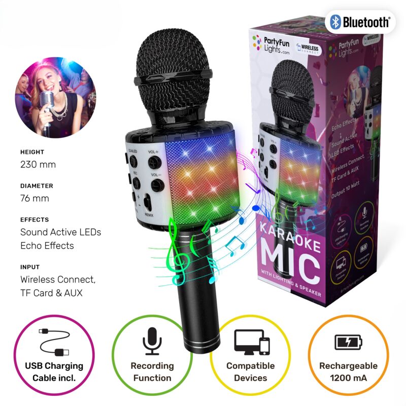 MICROFONO KARAOKE WIRELESS Con Cassa, Effetti Led,  Potenza 10 Watt, 8x24cm…x24