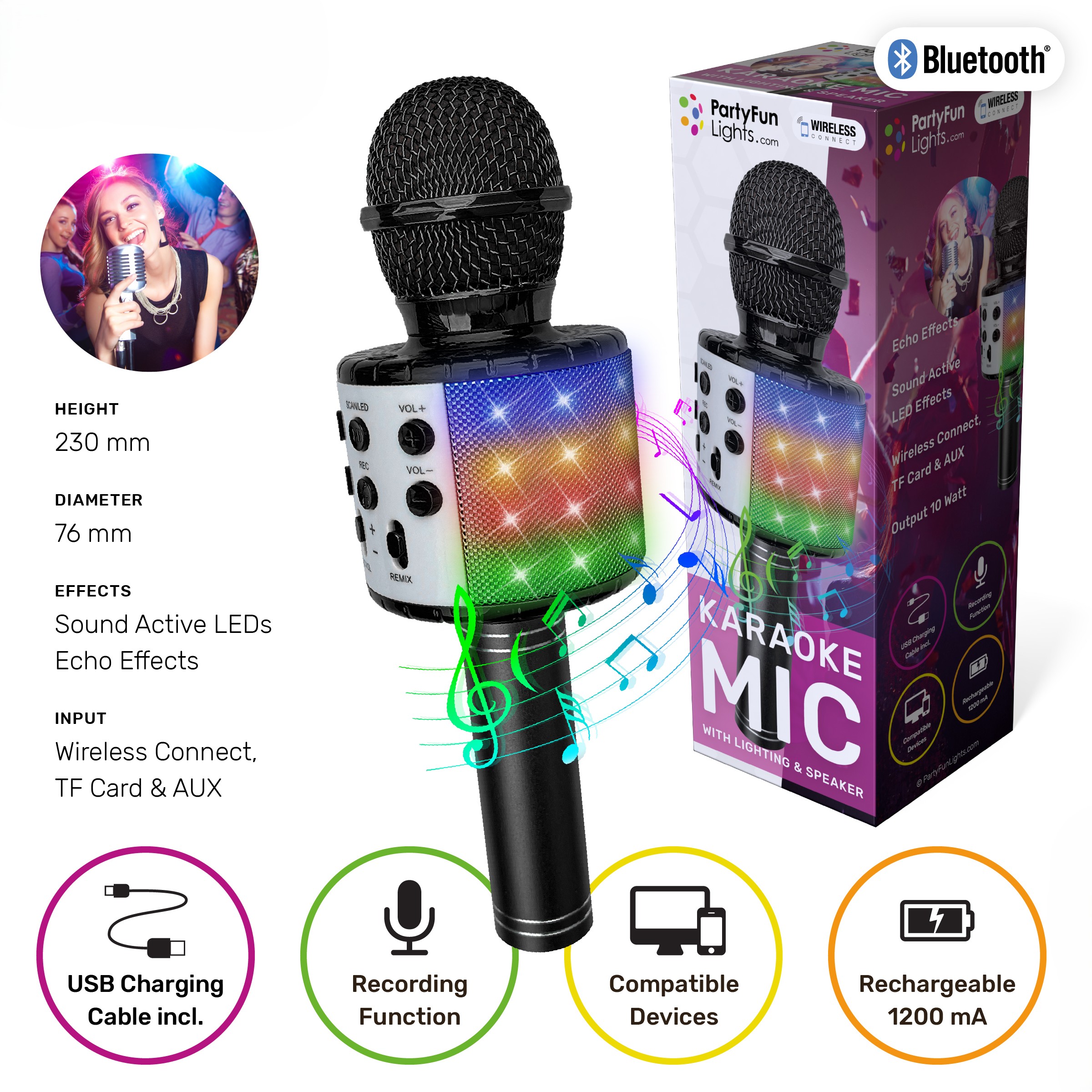 MICROFONO KARAOKE WIRELESS Con Cassa, Effetti Led,  Potenza 10 Watt, 8x24cm…x24
